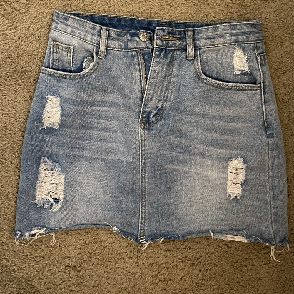 Raw Hem Ripped Denim Skirt